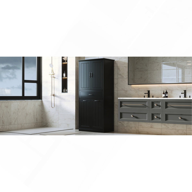 Armoire de rangement pour salle de bain avec deux paniers à linge, armoire de rangement avec portes et tiroir pour la maison, noir
