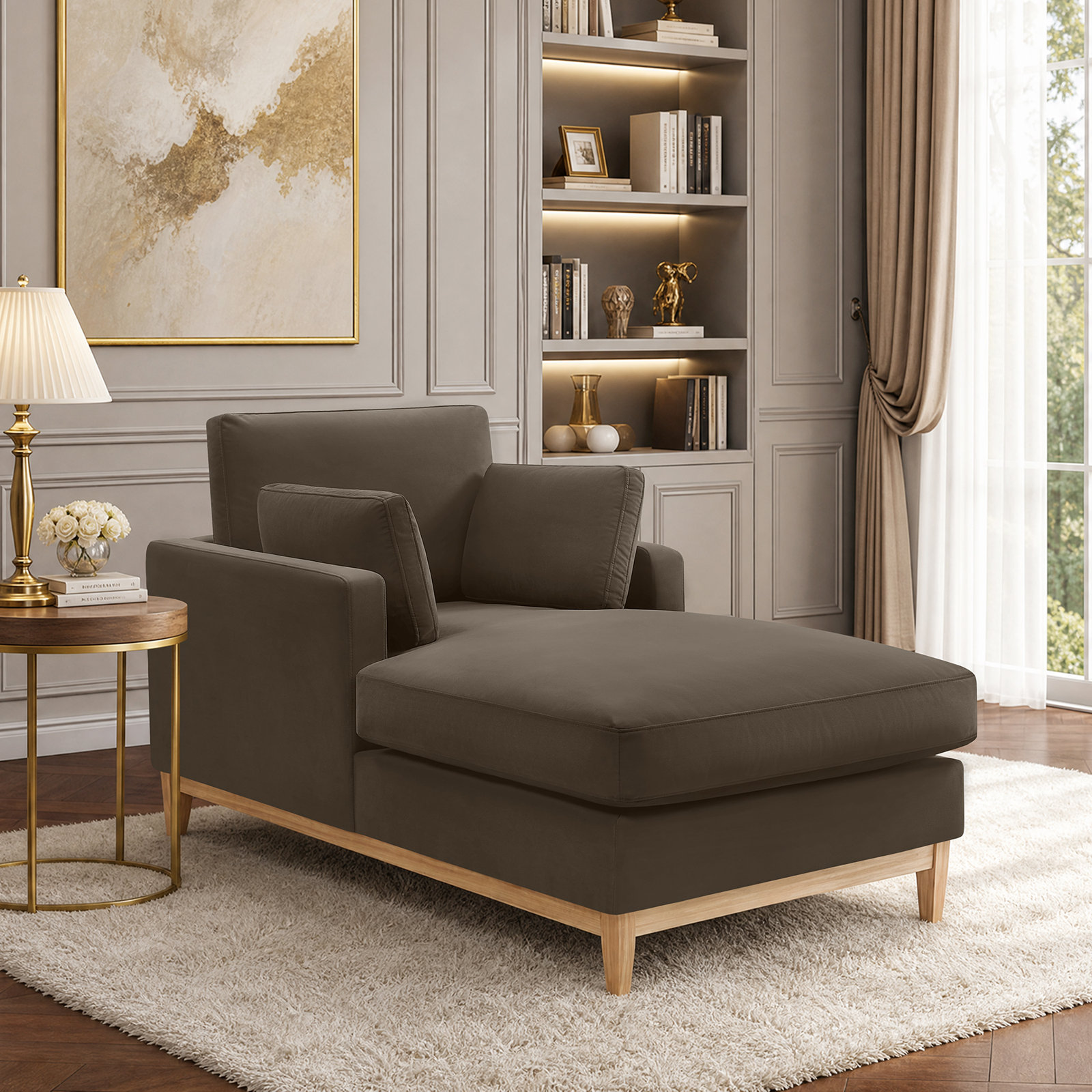 Velvet Upholstered Chaise Lounge, Espresso