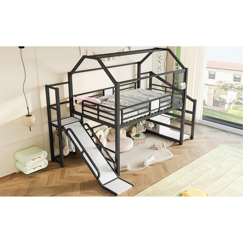 Lit mezzanine double avec glissade et escalier, lit de jeu en métal avec tablettes de rangement, toit en forme de maison et conception silencieuse, noir