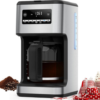 Cafetière programmable de 14 tasses avec autonettoyant, plaque chauffante et filtre réutilisable, acier inoxydable