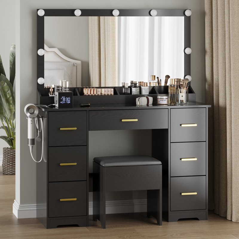 Bureau de coiffeuse avec miroir rectangulaire et lumières, table de coiffeuse avec station de charge, Noir