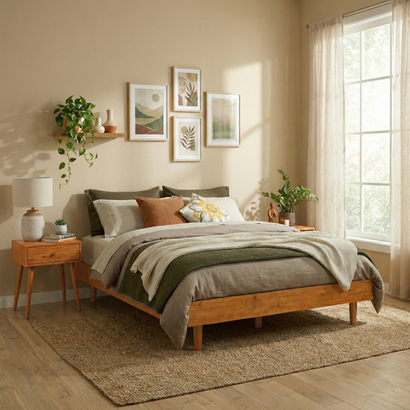  Base de lit en bois massif Fly sans tête de lit et lattes silencieuses, capacité de 1000 lb, Chêne rustique, Lit double