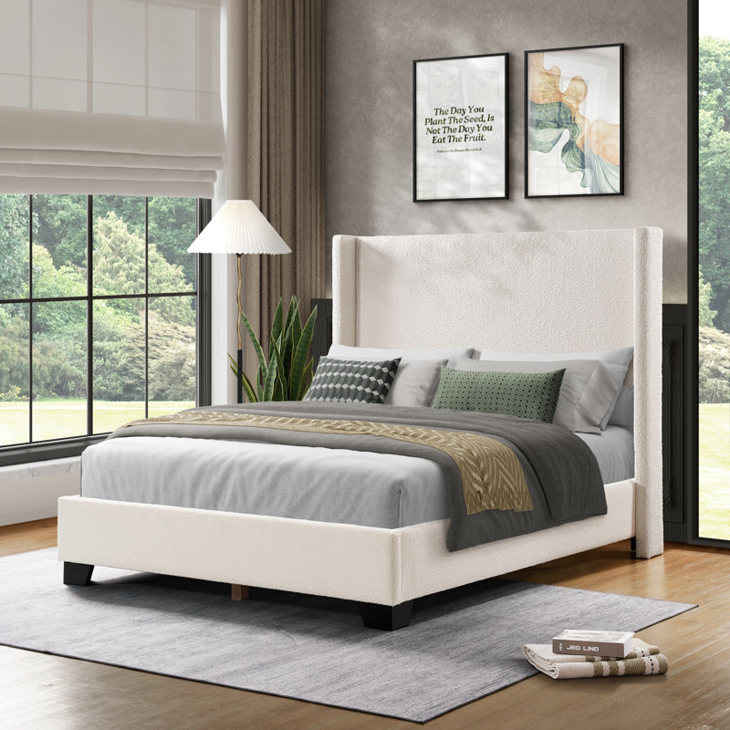 Lit plateforme tapissier Reinette, Double, White Boucle