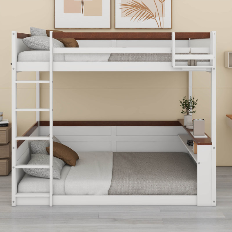 Grand lit superposé en bois avec tablettes intégrées et boîte de rangement, lits superposés à plancher bas, lumière DEL et station de charge USB