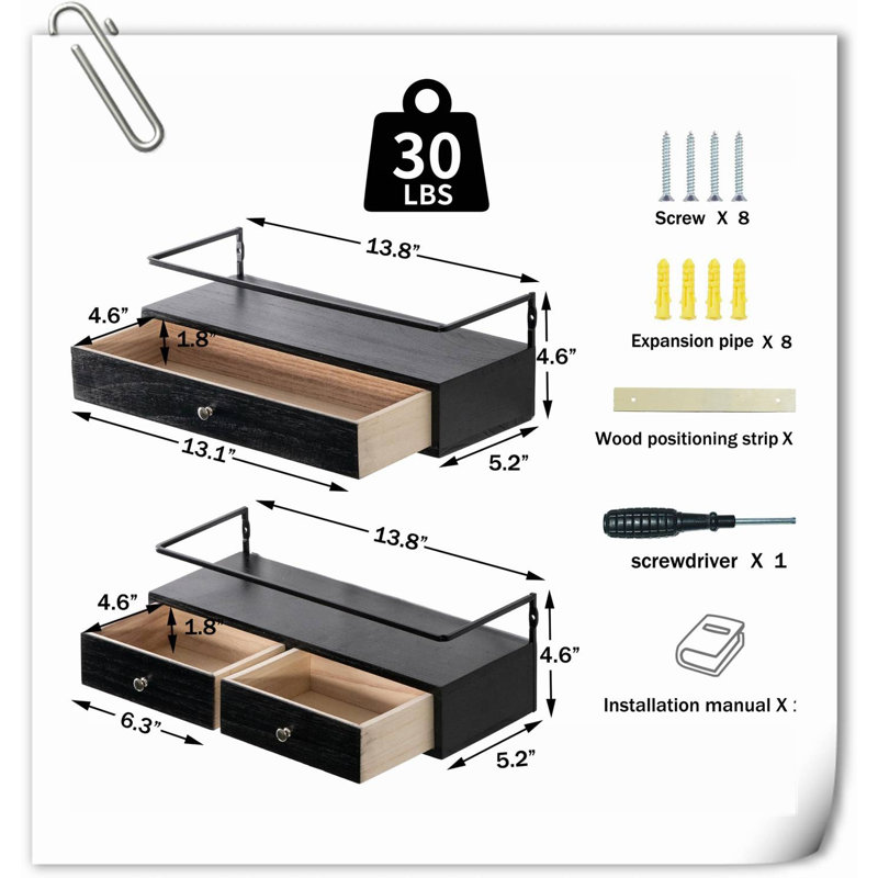 Calogera 2 Piece Wood Floating Shelf, Natural Wood/Black