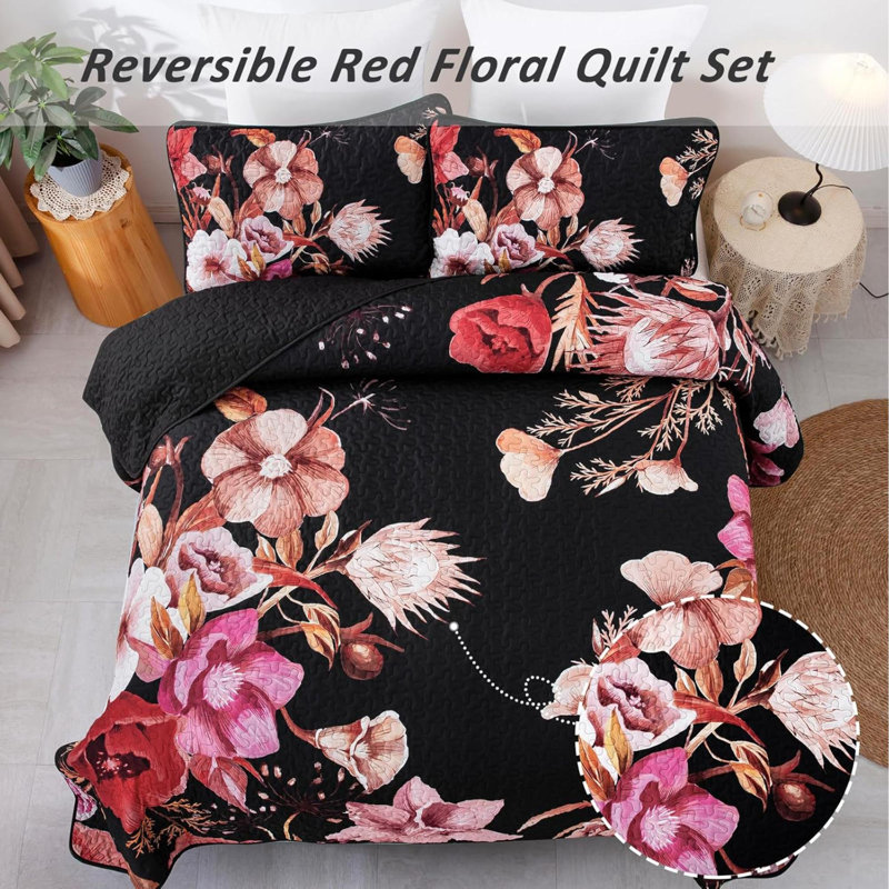 Ensemble de courtepointe à motif floral pour grand lit 3 pièces Floral, Black/Red Floral