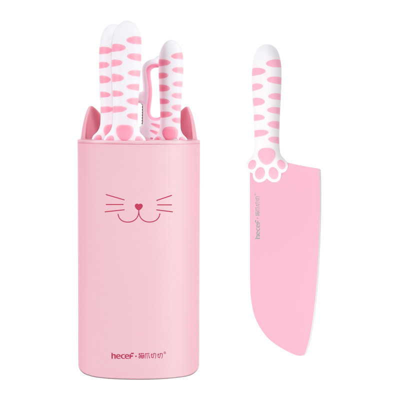 Ensemble de couteaux de cuisine de qualité supérieure avec bloc - acier inoxydable à haute teneur en carbone, revêtement antiadhésif, poignée ergonomique pour pattes de chat, prêt à offrir, ensemble de 5 pièces