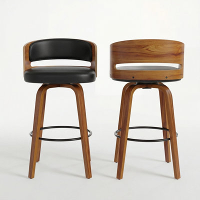 Tabourets de bar rembourrés 28,3 po Mid-Century avec dossier en bois courbé