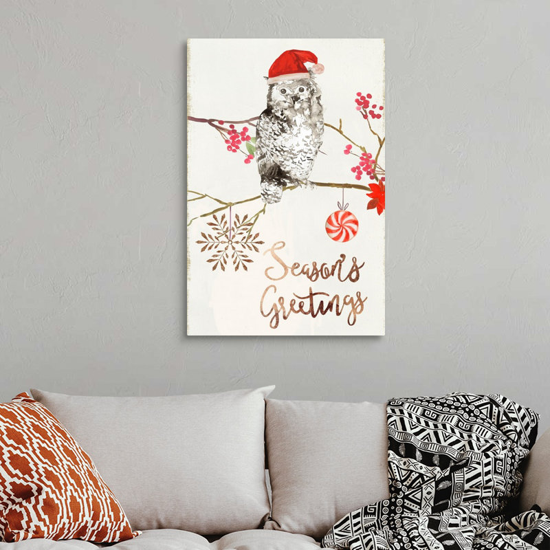 Christmas Owl II - reproduction d'art textuel sur toile, H 36 po x l 24 po x P 1,25 po, Toile tendue