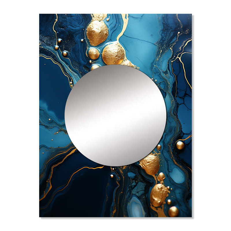 Makvala Gold and Sapphire Blue Marble Mosaic III - Abstract Decorative Mirror, Gold Wall Mirror, Printed Metal Art, 32" x 24"