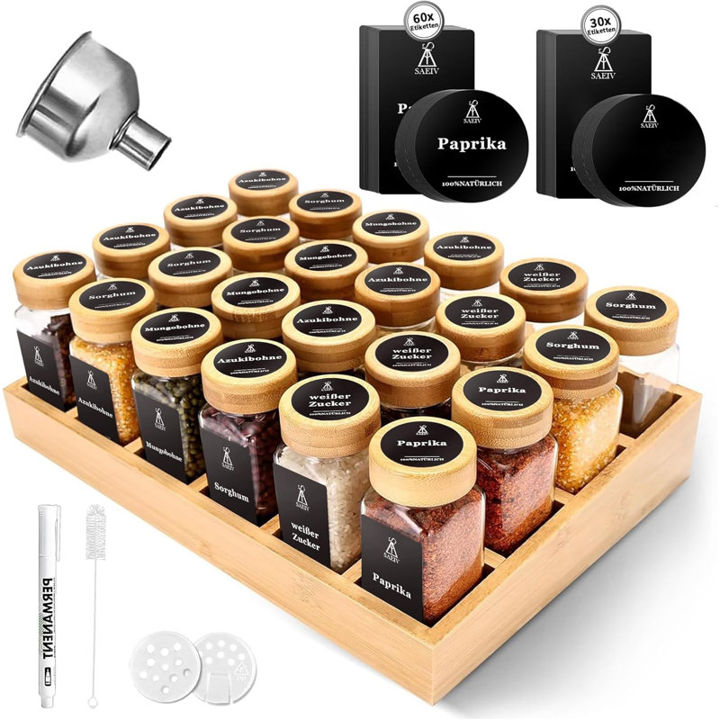 1 Bamboo Spice Rack with 24 120ml Glass Spice Jars with Labels, Minimalist Stickers and Stainless steel Funnel, Seasoning Containers for Rack, Cabinet & Drawer, Kitchen Spice Organizer