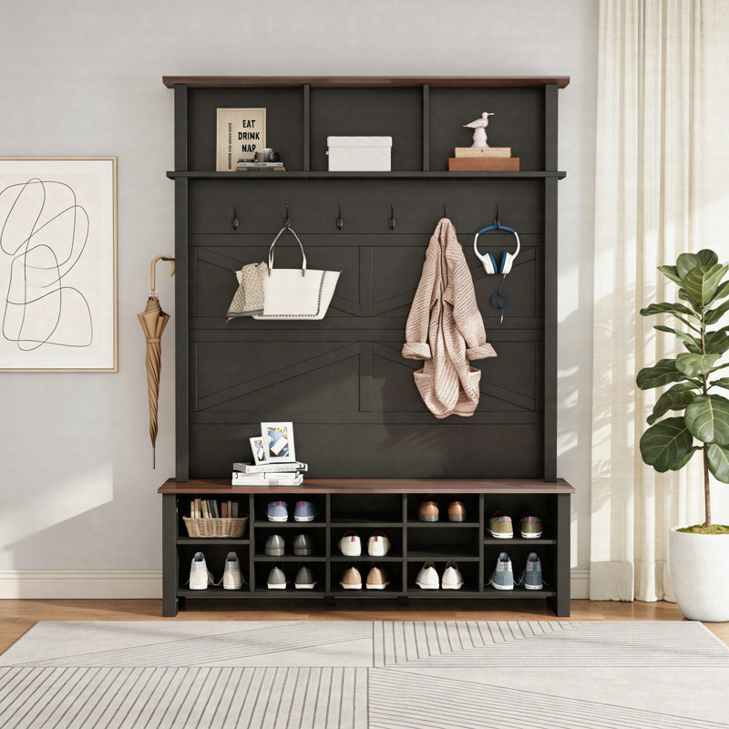 Farmhouse 4-In-1 Hall Tree With Bench, 6 Hooks & 16 Open Compartments, Entryway Shoe Organizer, Black