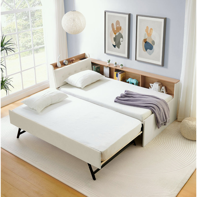 Lit de jour simple en velours avec lit gigogne et lumières DEL, Beige