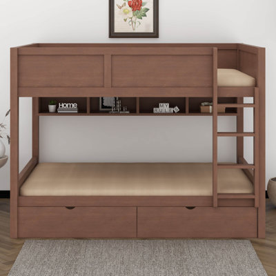 Lit double superposé au dessus d'un lit double avec 2 tiroirs, lit superposé en bois avec armoires de rangement et lumières DEL