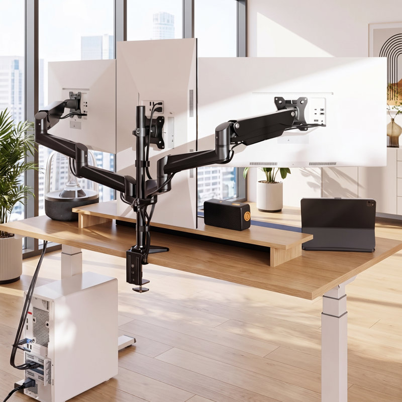 Triple bras de moniteur, adapté aux écrans d'ordinateur de 17 à 32 pouces, bras de moniteur triple réglable, bras de moniteur triple avec ressorts à gaz, bras de moniteur robuste avec une capacité de charge de 17,6 lb par bras, noir.