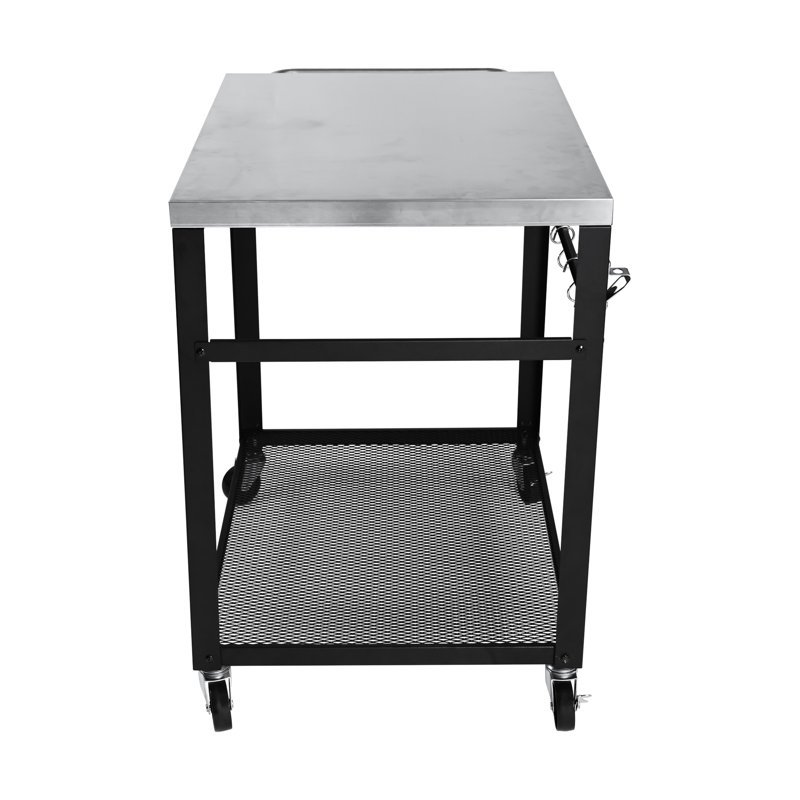 Outdoor Grill Cart, 2 - Tier, Stainless Steel Top, Locking Wheels, Tool Hooks, Mesh Shelf, Movable Bbq Prep Table For Patio, Backyard, Pizza Oven Stand, Black Rust , Easy Maintenance Black, Stand To