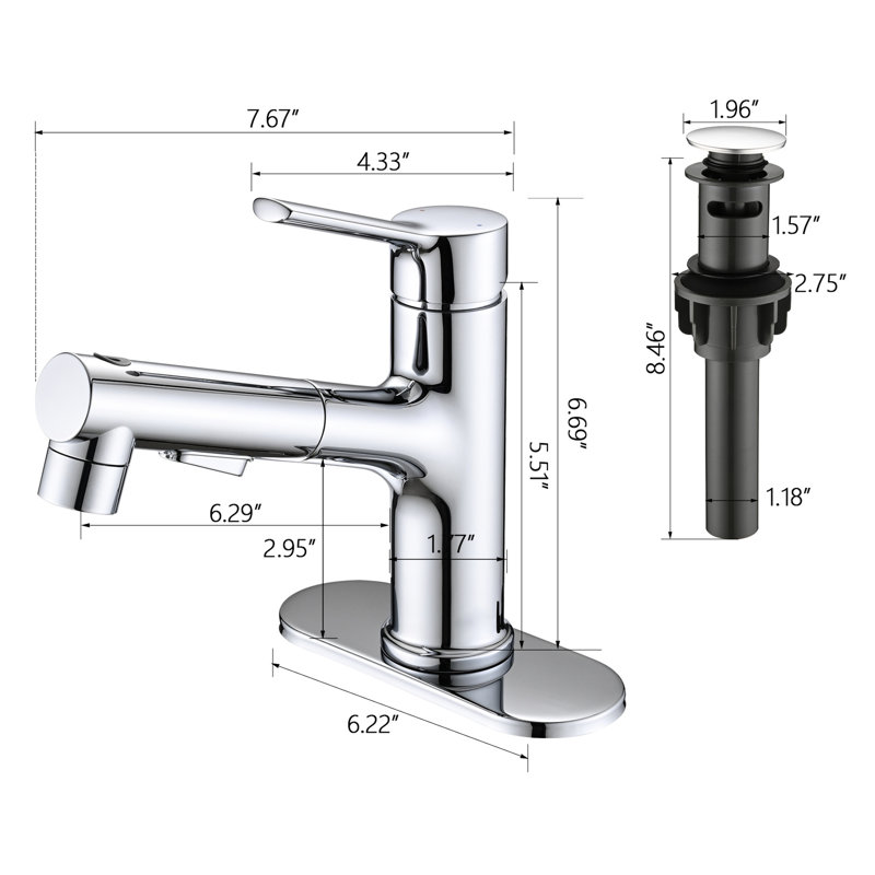 Bathroom Sink Faucet With Pull Out , Modern Design, Single Handle, 3 Spray Modes, Pop-Up Drain Stopper & Deck Plate, Stainless Steel Body Options,