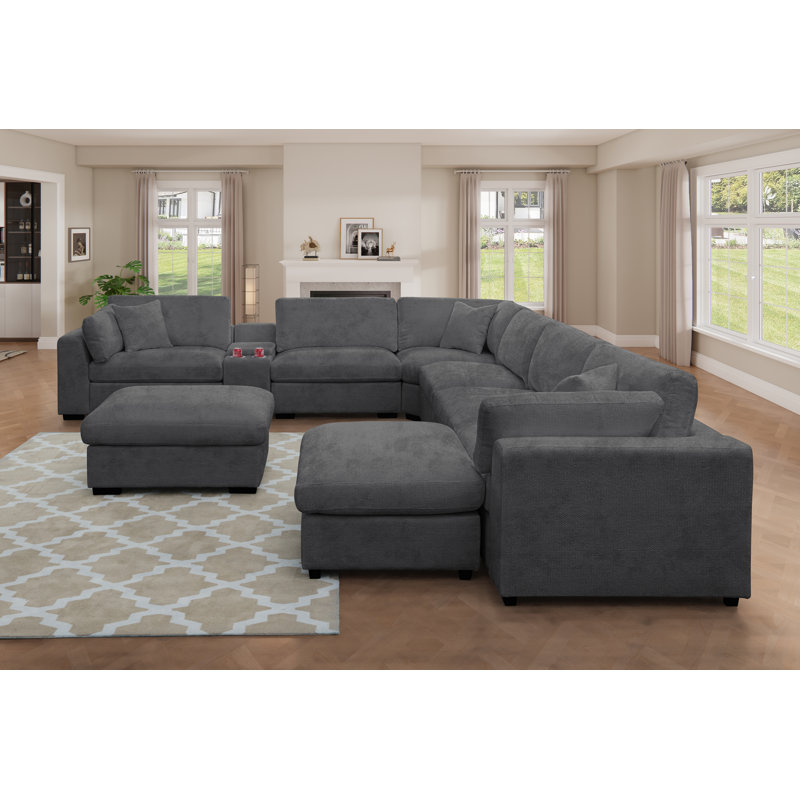 Upholstered Oversized 8 Seater Modular Sectional With Two Large Movable Ottomans & Storage Usb Ports Console, Dark Gray