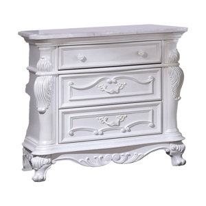 Venta Nightstand With 3 Drawers, 34 Inch, Carved Details, White