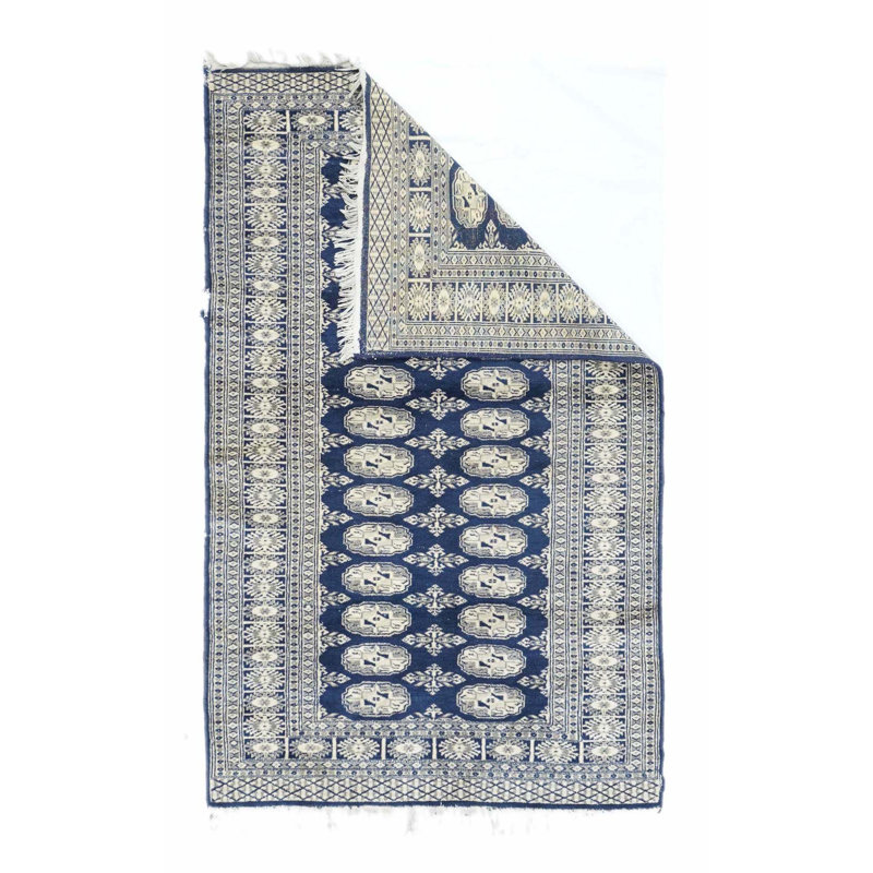 Tapis bleu marine en laine noué à la main de conception unique 3 pi x 5 pi
