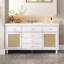 Meuble-lavabo de 60 po avec lavabo SMC, grande armoire de rangement moderne avec tiroirs à fermeture en douceur et portes en rotin, boutons en métal argenté et 5 pieds en pin, blanc-709619929
