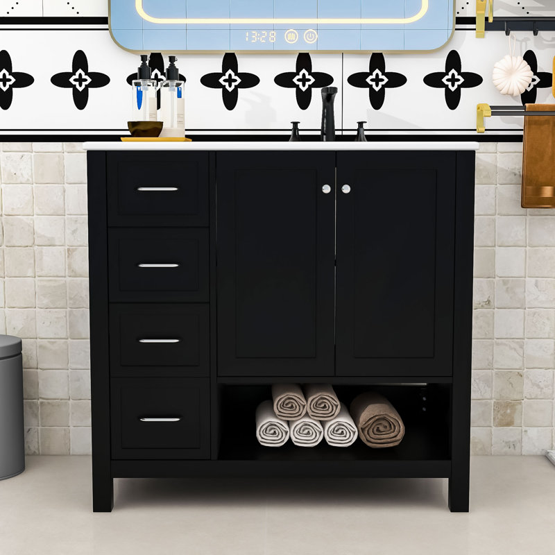 Meuble-lavabo élégant 36 po avec lavabo, rangement fermé, Noir