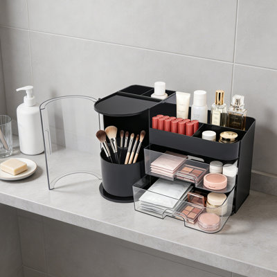 13.8" Makeup Organizer with 360° Rotating Brush Holder & 2 Drawers for Vanity