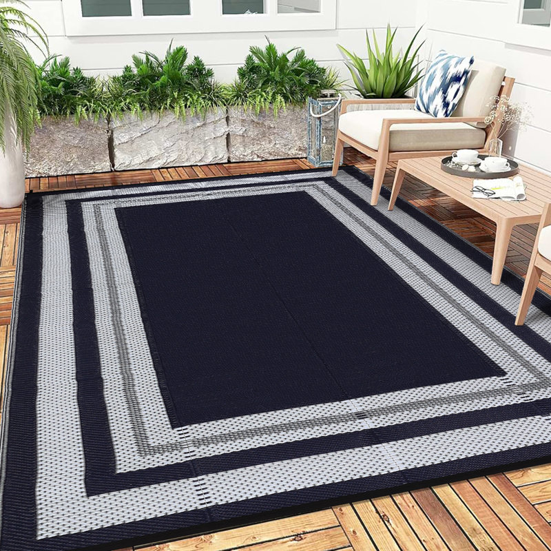 Waterproof Reversible Outdoor Rug 8x10ft - Modern Plastic Straw Patio Carpet - Washable, Durable - For Deck, Balcony, Porch, RV, Camping, Picnic, Beach - Blue