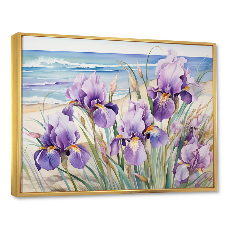 Iris mauves sur la plage sur toile, H 24 po x l 32 po x P 1 po, Cadre flottant doré