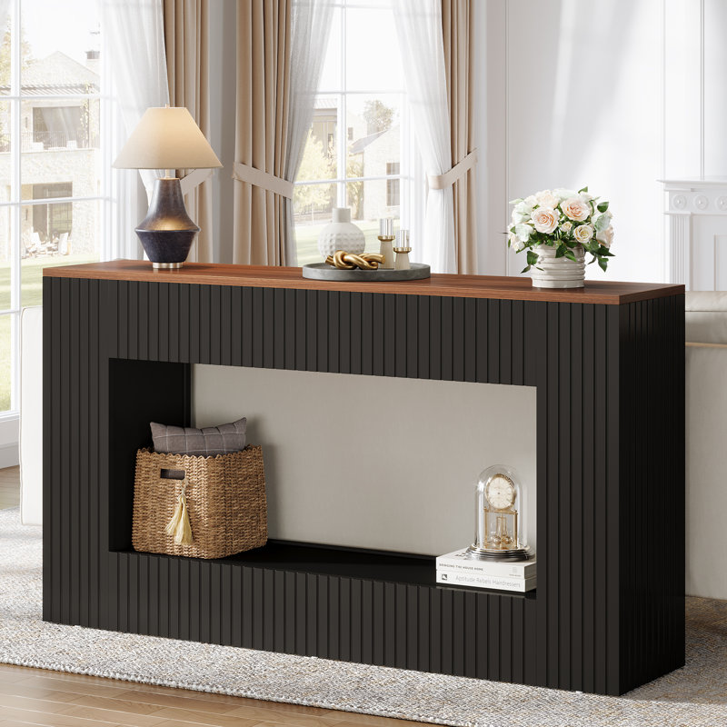 Modern Console Table, 55 Inch Wood Entryway Table With Storage, Espresso, Black