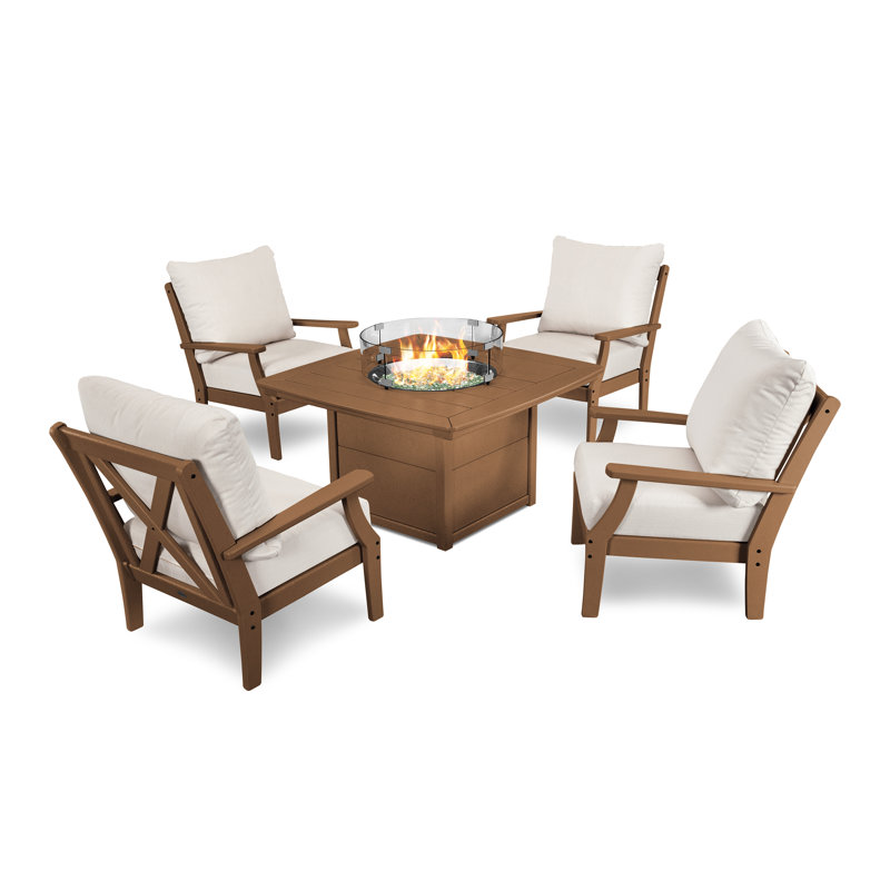 Braxton 5-Piece Deep Seating Conversation Set with Fire Pit Table, Teak, Dune Burlap Revolution®