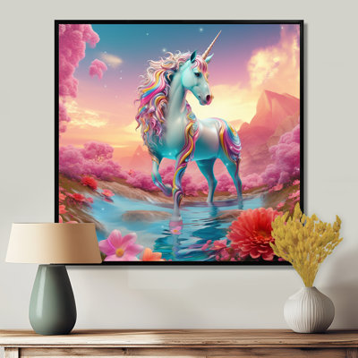 Licorne blanche magique dans une fleur rose, terre magique - licornes, art mural, salon