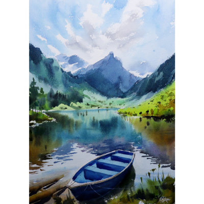 Bateau sur le lac | Vue de paysage | Aquarelle par Achintya Hazra
