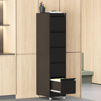 Classeur vertical à 5 tiroirs en métal noir avec roulettes, amplement d'espace pour les formats A4 / lettre / légal, imperméable et facile à entretenir, ouverture silencieuse et robuste sur tous les tiroirs, glissières à roulement,