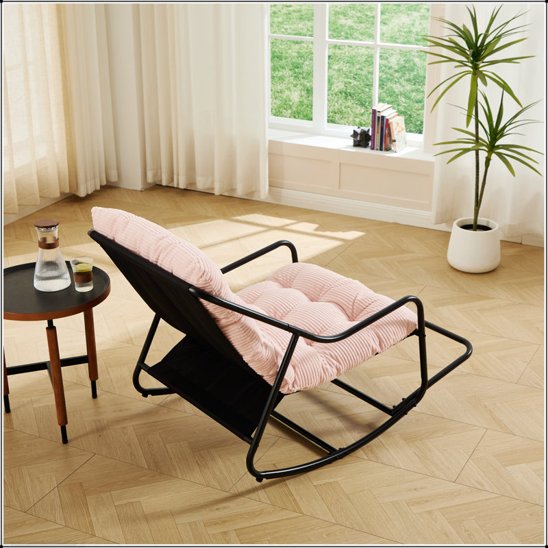Chaise berçante d'extérieur avec coussin épais ultra-confortable, parfaite pour le salon, la chambre à coucher et le coin lecture, structure noire avec coussin rose