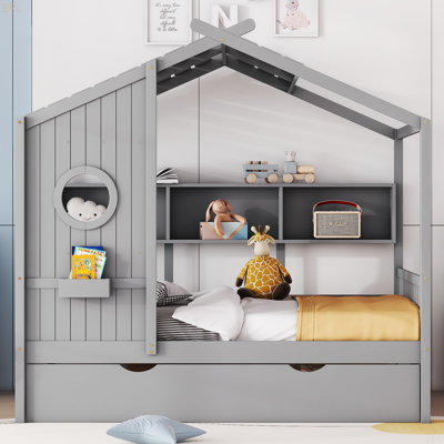 Lit de maison en bois avec lit gigogne, conception moderne pour enfants avec tablette de rangement