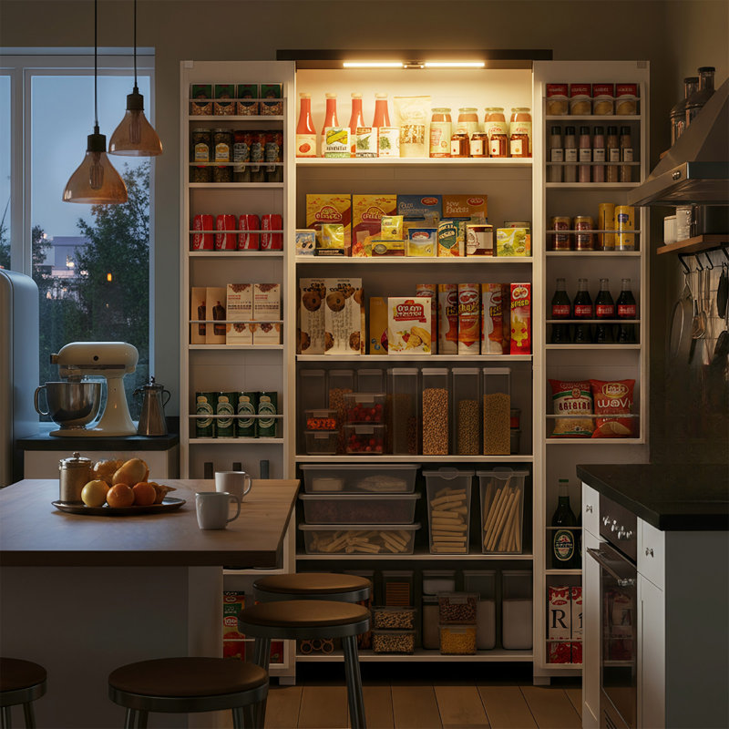 72" Farmhouse Kitchen Pantry Cabinets, Storage Cabinet with LED Lights, Adjustable Shelves and Barn Doors, Brown/White