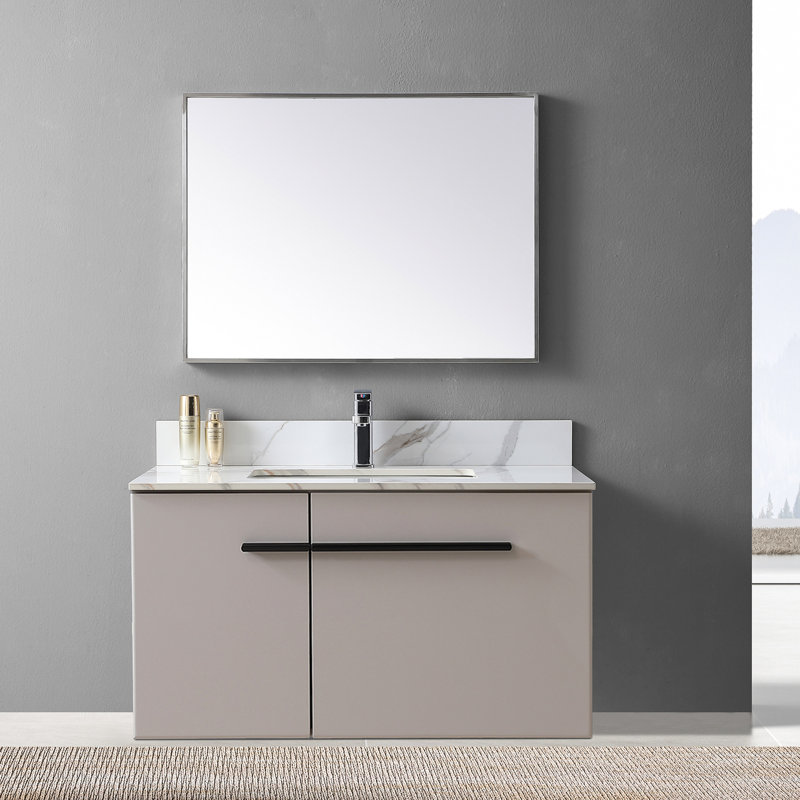 Dessus de meuble-lavabo de 37 po en pierre frittée dorée, avec lavabo encastré rectangulaire en céramique et trou pour robinet - prise exquise au look tendance