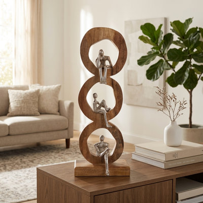 Sculptural Metal Figures In 3 Wooden Rings Object For Tabletop Home Decor - Decorative Artistic Accent For Living Room Decoration - 23", Brown & Tan