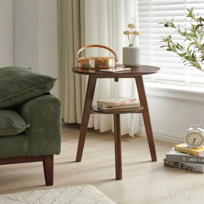 100% Solid Wood 2-Tier Side Table Sofa Side Table Living Room End Table Bedside Table, Solid Wood Round End Table, 2-Tier Small Side Table With Lower