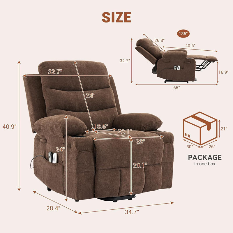Oversized Power Lift Recliner Chair for Elderly, Electric Reclining Sofa with Heat, Massage, and 2 Cup Holders, Single Glider Recliner for Living Room