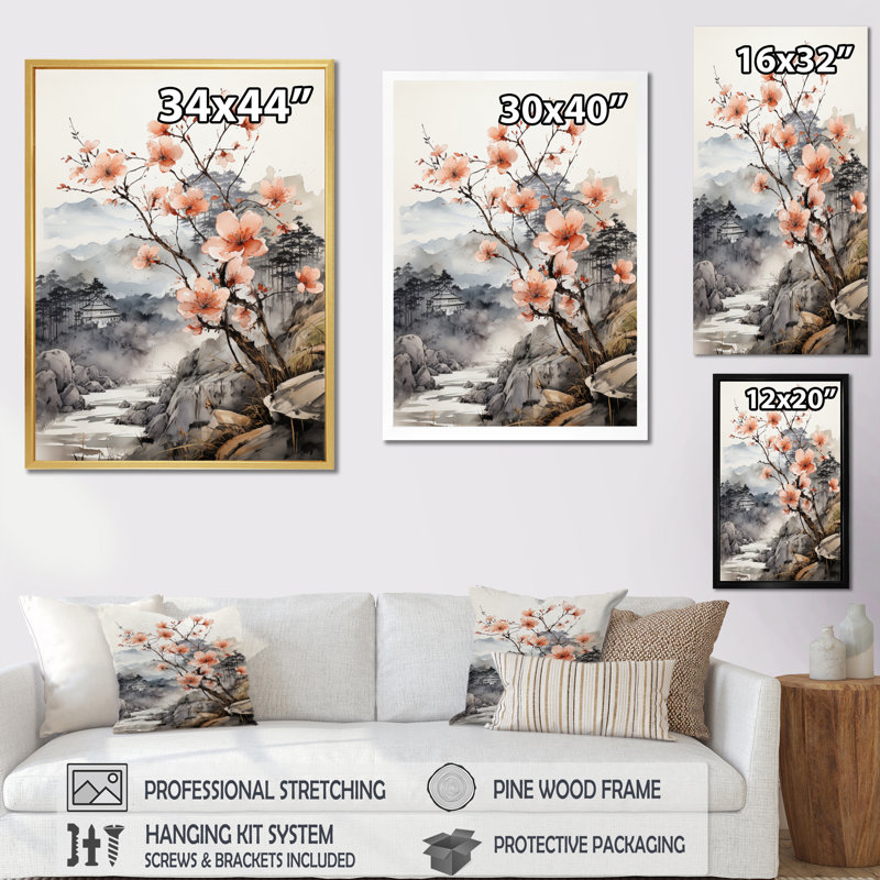 «Charmelle Asian Art Fantasy Sumi I», reproduction d'art sur toile, H 40 po x l 30 po x P 1,5 po, Cadre flottant brun