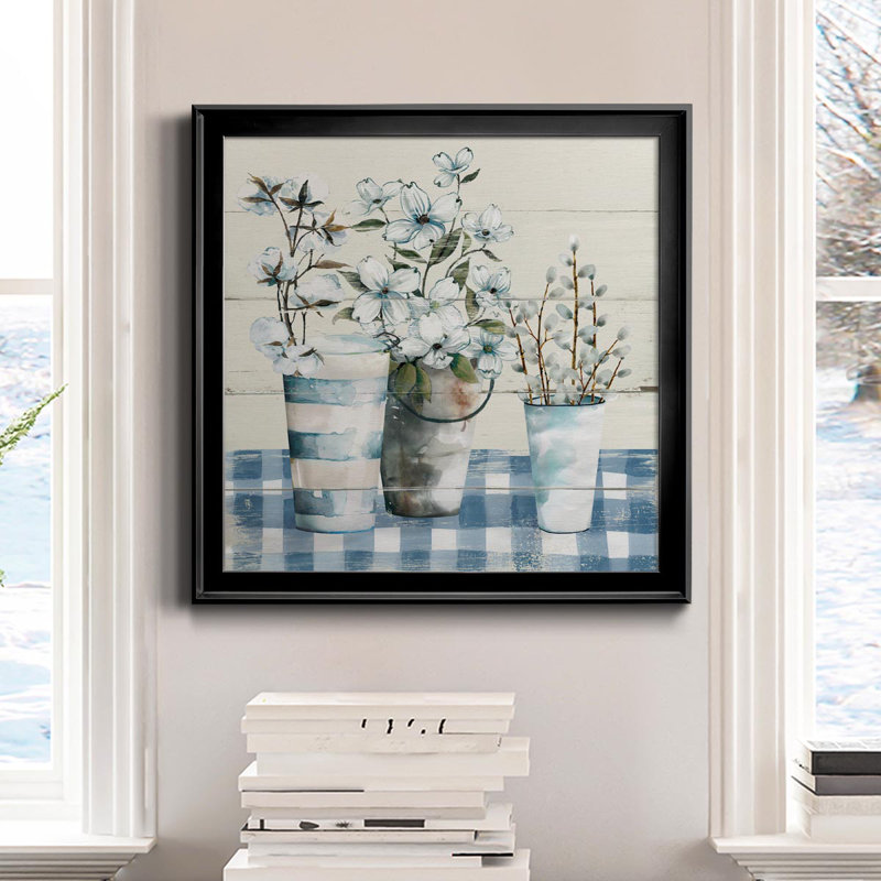 Gingham Blues - Peinture sur toile encadrée, Cadre noir, H 34,5 po x l 34,5 po x P 1,5 po