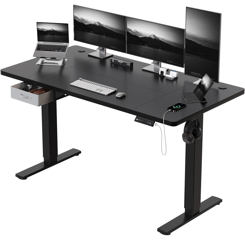 Electric Standing Desk Wide Desktop Height Adjustable Standing Desk With Drawer&Hooks, Black, Black, 118" H x 140" W x 80" D