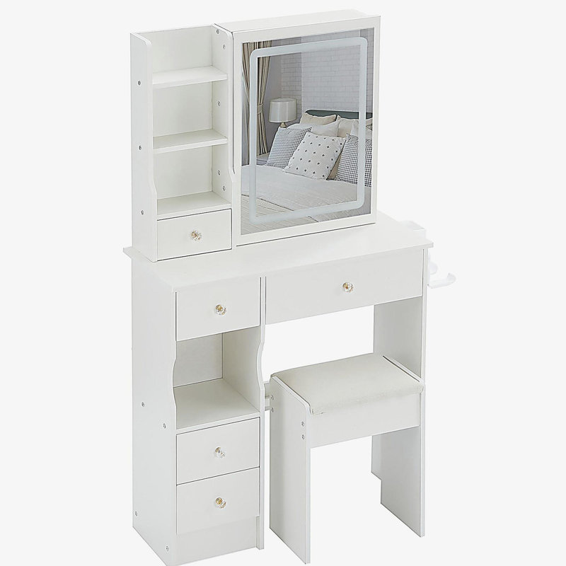 Petit meuble-lavabo de 29,2 po avec tiroir à gauche + tabouret rembourré, 2 blocs d'alimentation CA + 2 ports USB, support pour séchoir à cheveux, très grand miroir à DEL coulissant à commande tactile, changement de luminosité tricolore, réglage de la luminosité