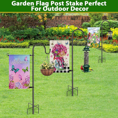 48" Heavy Duty Garden Flag Stand Pole Holder With Dual Shepherd Hook