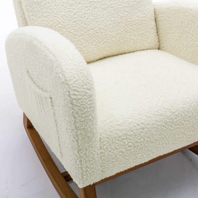 White Teddy Upholstered Wood Rocking Chair with Side Pocket