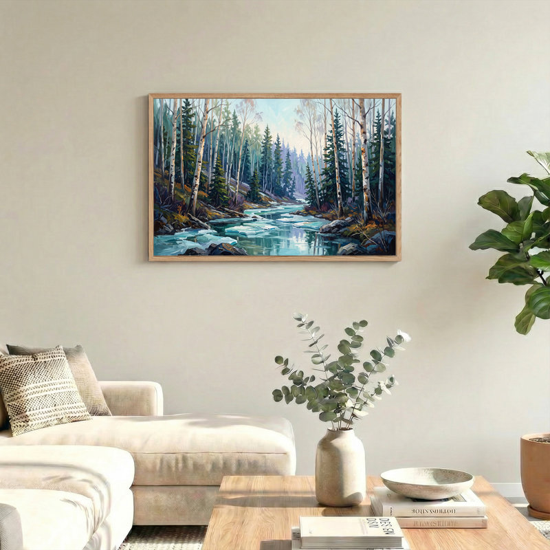 «Blue River Through Birch and Pine Forest with Ice», art mural sur toile, H 32 po x l 48 po