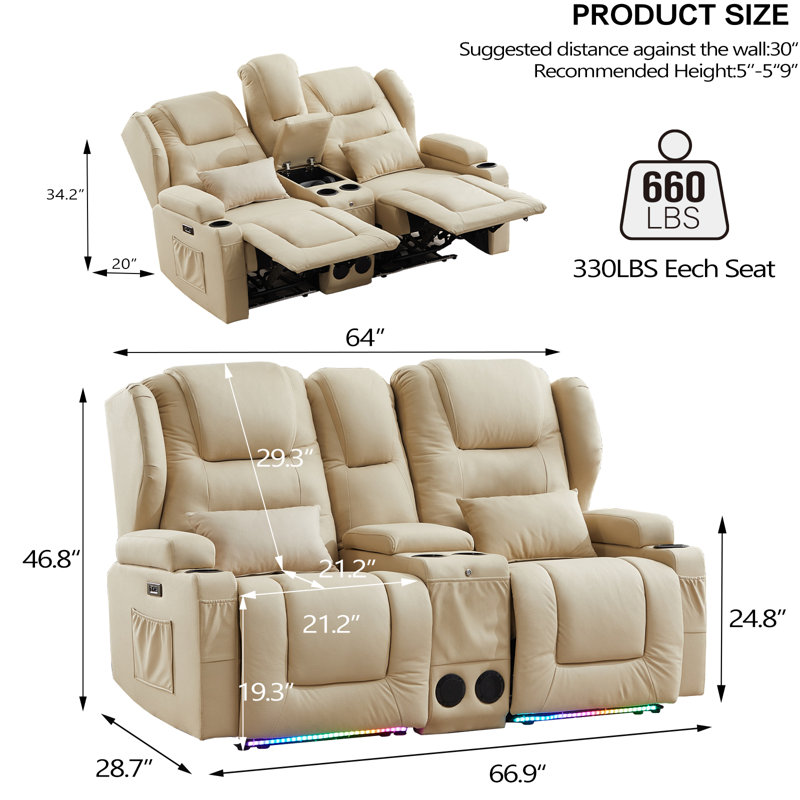 Power Recline Chair Loveseat Rv Sofa With Console, Storage, Usb Charging, Lighting And Cup Holders, Beige Faux Leather
