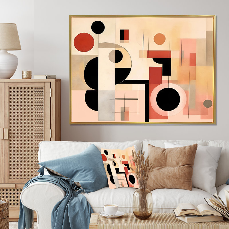 «Cubism Scandinavian Coral», reproduction d'art sur toile, Cadre flottant doré, H 34 po x l 44 po x P 1,5 po